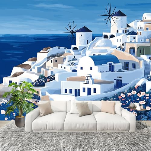 Paisaje Pintado Del Mar Egeo Fotomurales Pared Papel Pintado 400x280 cm Azul Tejido No Tejido Fotomurales Dormitorio Para la sala Decoración de pared tipo póster Fondo De Pantalla