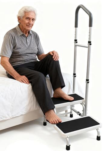 Morimoe 2-Step Stool with 5-Height Adjustable Handrail for Elderly Adults - Aluminum Frame Step Stool with Soft Foam Handles, Non-Slip Double Steps - Bed, Bathtub, Kitchen, Car Assist