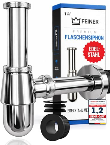 FEINER® Siphon Waschbecken EDELSTAHL - Tassensiphon 1 1/4 - Abflussrohr, Flaschensiphon, Syphon inkl. Gummimanschette und Anleitung Gratis Dichtungen
