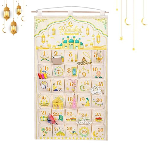 RNPKZ Ramadan Adventskalender als Wandkalender aus Stoff, Ramadan Kalender zum Befüllen mit 30 Taschen, Wiederverwendbar Ramazan Kalender, Eid Mubarak, Ramadan Mubarak Deko, Gold, 109CM