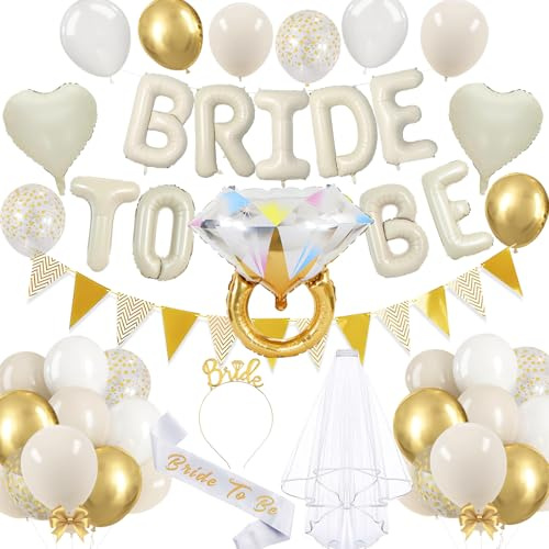 Whimzey Bride to Be Deko Ballon Jga Accessoires Frauen Set,Jga Deko Beige Weiß mit Bride to Be Luftballons+Schleier+Braut Schärpe+Stirnband,Junggesellenabschied Ballons für Bachelorette,Hochzeit Party