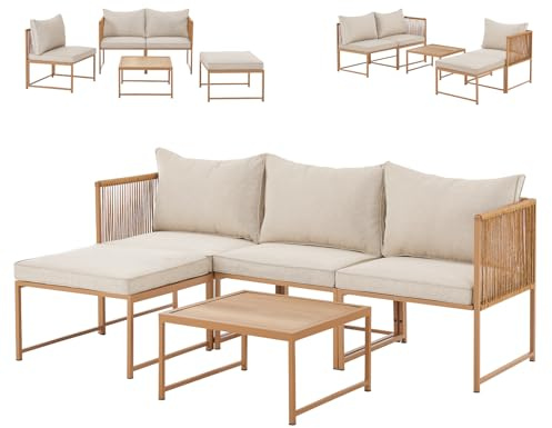 SVITA Detroit Gartenmöbel Set Polyrattan Lounge Modular Ecksofa Chaiselongue Tisch Flexibel als 3 Sitzer oder Sessel 2 Sitzer Inklusive Kissen Beige