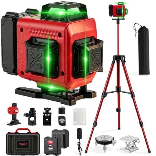 Laser Level with Tripod, 2X 6000mAh Battery, 4x360° Green Cross Line Lazer, 16 Lines Lazer Tool, Adjustable Brightness/Automatic Leveling/Remote Control/IP54 Waterproof Dustproof/Tripod for Home