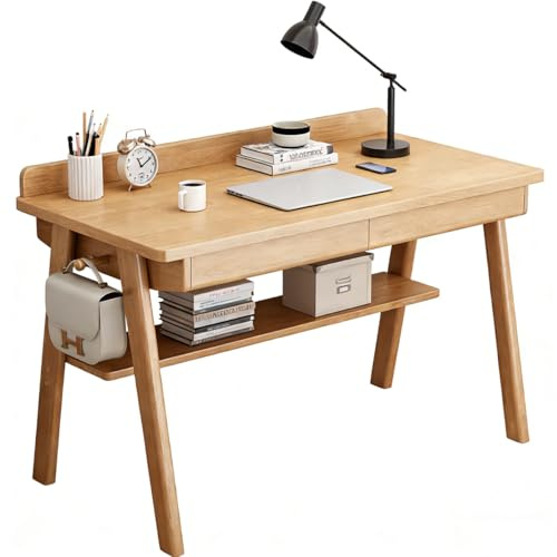Escritorio de madera maciza con 2 cajones, escritorio vintage para computadora de 80 cm de ancho, mesa pequeña para oficina en casa, estudio, dormitorio (madera, 100 cm)