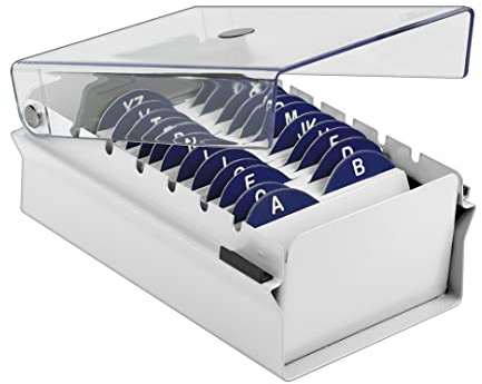 Acrimet Caja para Tarjetas de Visita, Porta Tarjeta de Negocio, Incluye Tarjetas de Índice AZ 95mm X 68mm y Separador (Base de Metal Color Blanco y Tapa con bisagras de Plástico Transparente)