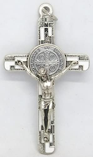GTBITALY Cruz de San Benito plata con esmalte mosaico con anillo 8 cm exorcista exorcismo blanco