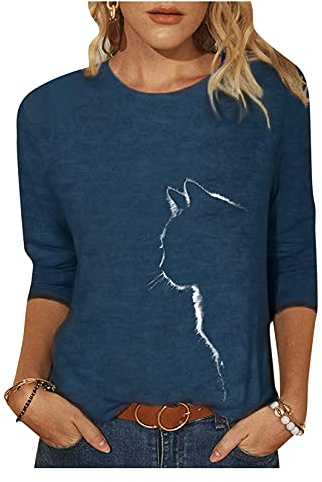 Camisetas De Manga Larga para Mujer, Tallas Grandes, Camisetas con Estampado De Gato Multicolor,