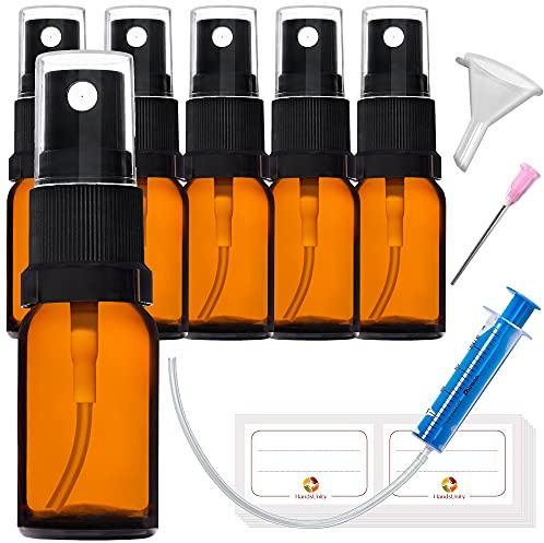 HandsUnity 15ml-6Stk Sprühflasche Glasflasche mit Zerstäuber - Bernstein Apothekenflaschen-Set mit schwarzer Zerstäuber Glassprühflasche aus Braunglas mit 17 Stk Zubehörteilen