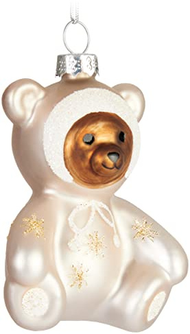 BRUBAKER Teddybär Baby in Strampler Silber Glitzer Weihnachtskugel aus Glas - Handbemalt und Mundgeblasen - Teddy Christbaumschmuck Lustig - Weihnachtsdeko Figur Anhänger - Deko Baumkugel