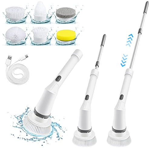 Elektrische Reinigungsbürste, Spin Scrubber Schnurlos mit 6 Austauschbaren Bohrbürstenköpfen, Wanne und Bodenfliese mopSet mit Verstellbarem Griff für Bad Küche Auto Fußboden (Weiß)