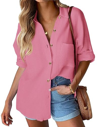 Hotouch Chemisier Chemise Blanche Femme Chemise à Manches Longues avec Boutons pour Le Travail De Printemps Ou Top Rose S