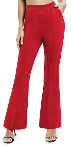 Mujeres Oficina Piernas Anchas Casual Yoga Pantalones Cintura Alta Elástica Pantalones con Bolsillos(XL, Rojo)