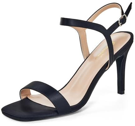 GENSHUO Sandales à Talon pour Femmes, Talon Haut de 8 cm, Bout Ouvert, Sandales en Satin, Chaussures d'été élégantes, Robe de Bal de Soirée, Slingback avec Bride à la Cheville, Satin Noir, 37 EU