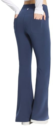 BALEAF Yogabyxor, dam, hög midja, slagbyxor, magkontroll, fritidsbyxor, bomull, sportbyxor, långa, yogabyxor, med fickor, normal/stora, Blå (innersula: 81 cm), XL