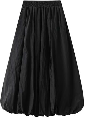 Jupe longue ballon pour femme - Élégante - Taille haute - Couleur unie - Ligne A - Décontractée - Été élégante - Taille élastique solide - Jupe ballon - Streetwear décontracté, Noir , taille unique