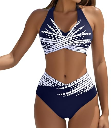 Women's High Waisted Bikini Set Beach 2 Piece Swimsuit Tummy Control Bikini Set Bikinis Sexy Beach Vacation Clothes for Women Beach Swimsuit (UK, Alpha, L, Regular, Regular, DarkBlue)