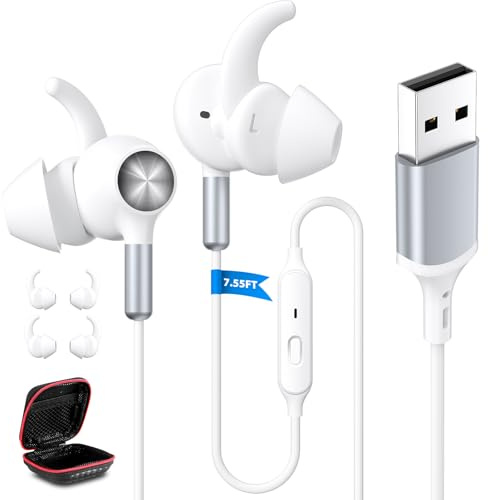 USB Headset with Microphone for PC 7.55Ft Cable, USB A Headphones for Computer, Wired USBA Earbuds with Mute in-Line Stereo Noise Isolating Call Cord Laptop Earphones for Dell/Surface/Switch, White