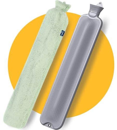 Pasper Wärmflasche mit Bezug - Extra Lang - 3,5 Liter XXL - Nahtlos - Grün | 8 Stunden Wärme | 75 cm extralang | Weicher Bezug | Patentiertes Design