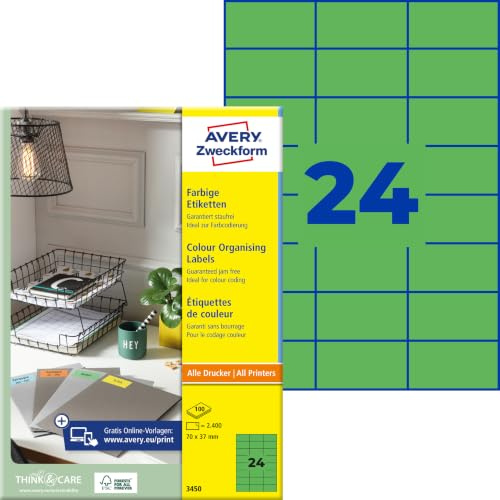 AVERY Zweckform 3450 Grüne Etiketten (2.400 Aufkleber, 70x37mm auf A4, permanent haftend, selbstklebende Farbetiketten, Papier matt, bedruckbare, farbige Klebeetiketten) 100 Blatt