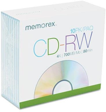 Memorex Discos CD-RW, 700 MB/80 min, 4x, con estuches delgados para joyas, plata, paquete de 10