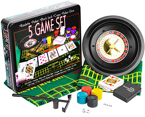 5 in 1 Casino Games Set Roulette,Poker, Black Jack, Craps, has Chips,Mats, Dices, Cards,