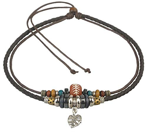 Ancient Tribe Boho Doppelband Choker Halskette mit Blattanhänger, braunes Leder & Hanfseil mit Perlen, verstellbar 37 cm