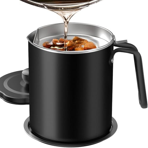 Chihee Aceite Colador Lata de grasa 2L Colador de alimentos Acero Inoxidable Contenedor de Aceite con colador de malla fina Tapa antipolvo Bandeja para almacenar Aceite para freír Grasa para cocinar