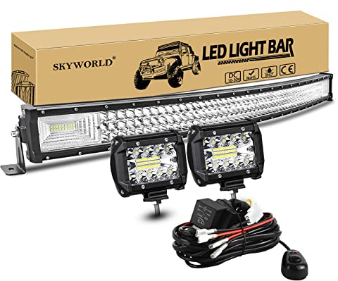 SKYWORLD 42 Pulgadas 105 cm 540W Barra Led Curva, Foco de Coche y Cableado | 2x 10 cm 4 60W Faros Trabajo, Largo Alcance Luz Led para 4x4 Camion Tractor SUV ATV Quad Todoterreno, Impermeable, 6000K