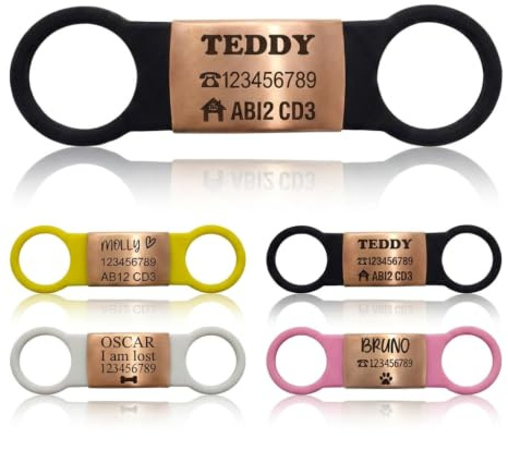 SUCRE Slide On Laser Engraved Pet ID – Personalised Dog Tag & Cat ID | Silicone Made Dog Tags for Pets Engraved UK are Silicone Slide On, Essential Puppy Accessories and Puppy Stuff (Rose Gold, Black)