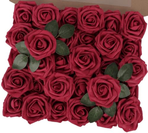 N&T NIETING Fiori artificiali, rose rosse in schiuma con steli per matrimonio fai-da-te, damigelle, bouquet da sposa, centrotavola, festa, decorazione per la casa, festa per neonati, 30 pezzi