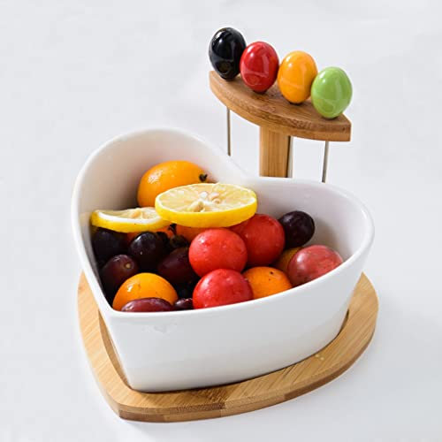 Corbeille à Fruits Panier a Fruit Plateau de fruits de bol de fruits, céramique cuisine de cuisine avec base de plaques de bois et fourchette de fruits for pâtes, céréales, collations, blanc Corbeille
