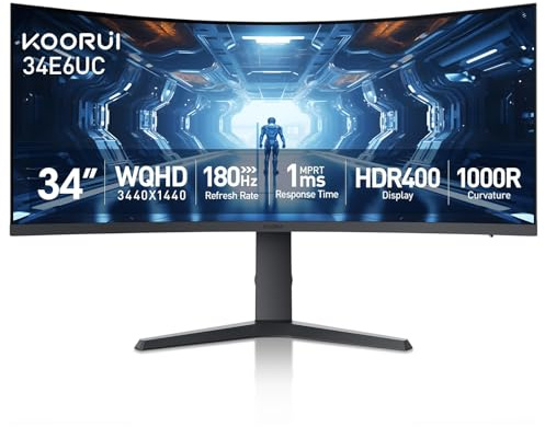 KOORUI 34-inch Curved Ultrawide WQHD 3440×1440 Gaming Monitor, 180Hz 1000R- PIP/PBP, 1ms(MPRT), HDR400, DCI-P3 95%, FreeSync Premium, 1 x DP 1.4 & 2 x HDMI 2.0, Tilt Height Swivel Adjustment, 34E6UC