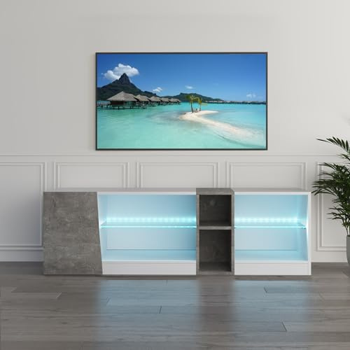 Meerveil TV Schrank, LED TV Lowboard Fernsehtisch mit 5 offenen Fächern und 1 Tür Geeignet, für Wohnzimmer und Schlafzimmer, B140 x H45 x T37,5 cm, Weiß und Grau