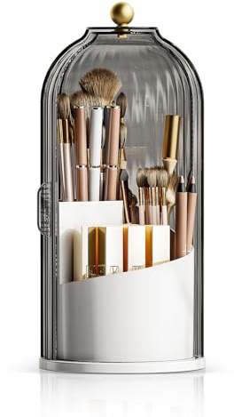 MSHOMELY Makeup Brush Holder Organizer with Lid, 360 Rotating Make up Brush Holder with Cover, Dustproof Makup Brush Storage for Vanity Bathroom Countertop, Covered Toothbrush Holder, Clear Grey