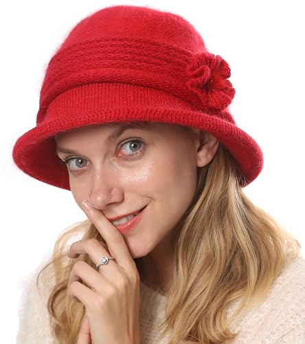 Huakunda Damen Strickmützen Gefüttert Winterhut Warm Vintage Floral Knit Beaniemütze Elegant Frauen Bucket Hüte für 55-60 cm