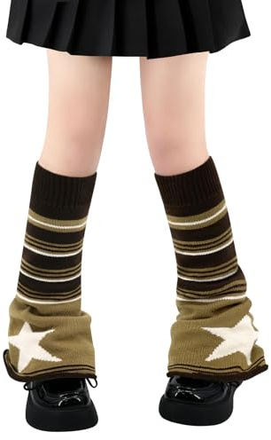 qikqik Beinstulpen Y2K Beinstulpen Kawaii Beinlinge für Mädchen Frauen Gyaru Beinstulpen Knit Cutecore Lolita Goth Zubehör, Braune Streifen Stern ausgestellt, Einheitsgröße