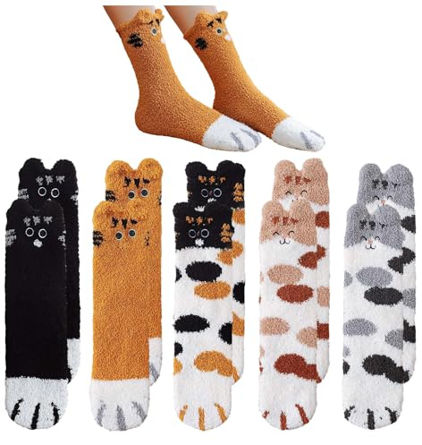 NyxSeat 5 Pares de Calcetines de Peluche Con Huellas de Gato, de Invierno, Mullidos, de Suelo de Forro Polar Coral, Cálidos para Dormir