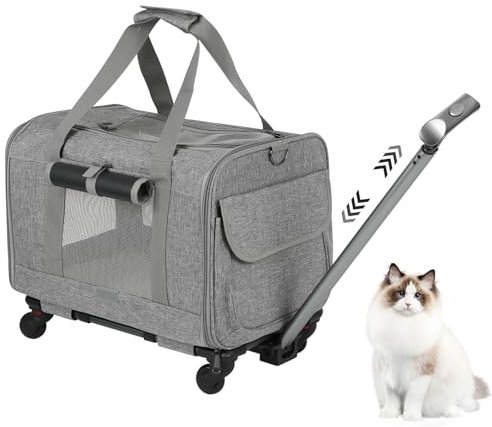 kyaoayo Transportbox Katze, Hunde Tragetasche, Faltbar Hundebox Katzentasche mit Rollen, Atmungsaktiv Transporttasche mit Teleskopgriff/Rädern/Tasche, für Kleine Mittelgroße Haustiere (Grau)