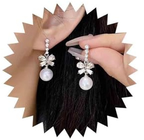 Yheakne Vintage Cz Bow Pearl Dangle Earrings Silver Crystal Bow Earrings Rhinestone Pearl Earrings Bowknot Pearl Drop Earrings Jewellery for Women and Girls