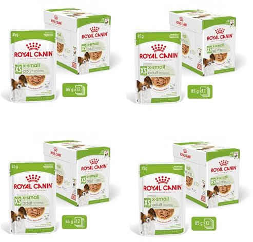ROYAL CANIN X-Small Adult | 4er Pack | 4 x 12 x 85 g | Feuchtnahrung für ausgewachsene und besonders kleine Hunde | Ab dem 10. Lebensmonat | Mit Häppchen in Soße | Im Pouchbeutel