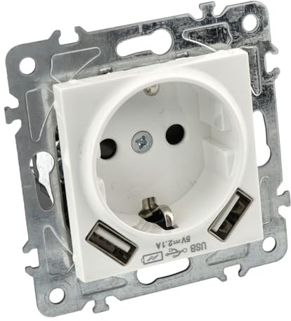 Jandei - Mecanismo para Montaje Empotrado. Policarbonato Blanco (Enchufe Schuko 16A + 2 USB 5V 2.1A)