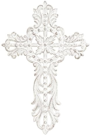 Sungmor Cast Iron Cross Wall Decor - Pretty & Ornate Metal Art, Vintage Decorative Outdoor Hanging, Rustic White Religious Sculpture for Farmhouse Home