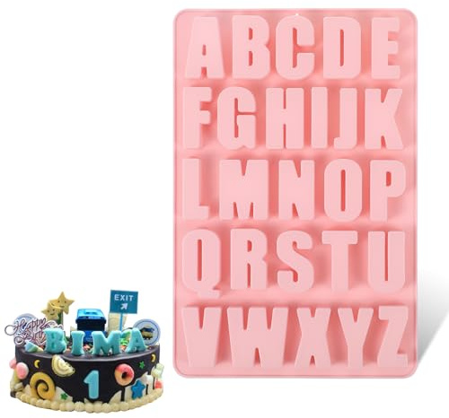 Moldes de silicona con letras A-Z, formas de letras, moldes de chocolate, moldes de fácil liberación para decoración de tartas, galletas, fondant, chocolate (rosa)