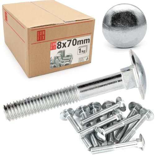 Lun Fix - Boulons de carrosserie avec collet carré - M8 x 70-1 kg (34 pièces) - Vis à tête bombée - Filetage complet - Vis à tête champignon - Acier galvanisé