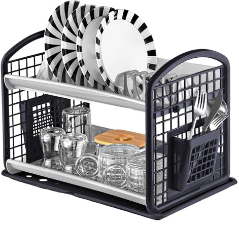 My Happy Home 2 Tier Dish Drying Rack with Utensil Holder Kitchen Counter Sink Drainer, Space Saver Durable Modern, Grey