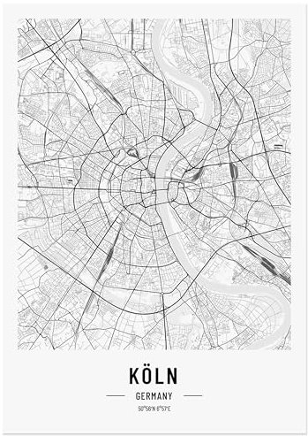 JUNOMI® Köln Poster DIN A3 Wohnzimmer Deko, Modernes Wandbild, Stadtplan Poster Köln, perfekte Geschenkidee für Kölner