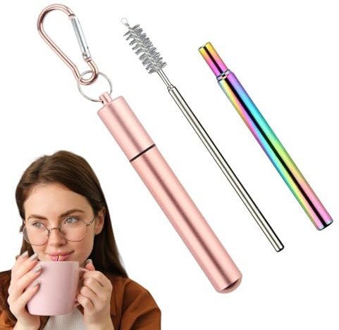 Mixnexorad Pajita portátil, pajitas reutilizables con estuche,Juego de pajitas plegables portátiles - Pajitas de metal reutilizables con 1 estuche, 1 cepillo de limpieza, 1 llavero, accesorios de