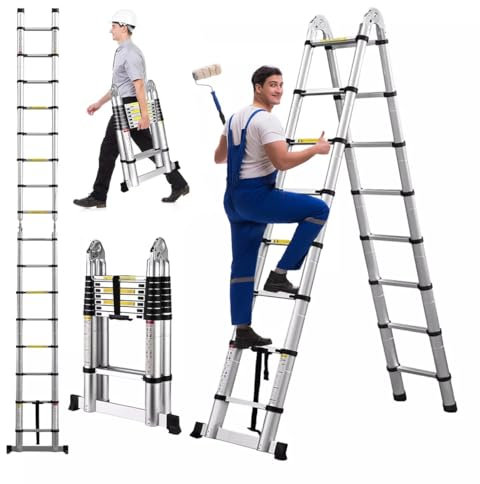 5M Ladders Telescoping Ladder 16.5 FT Dual Purpose Aluminum Lightweight Telescopic Ladder with Stabilizer Compact Step Climb Ladder 330lb Load Capacity(2.5M+2.5M)