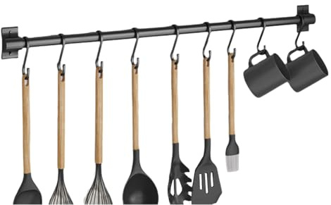 Wansiman Porta Utensili Cucina,Barra Portautensili Cucina,Ganci Cucina,Supporto in Alluminio per Utensili da Cucina,Ganci Cucina Senza Buchi,Senza Foratura,Accessori Cucina，per Cucina,Nero