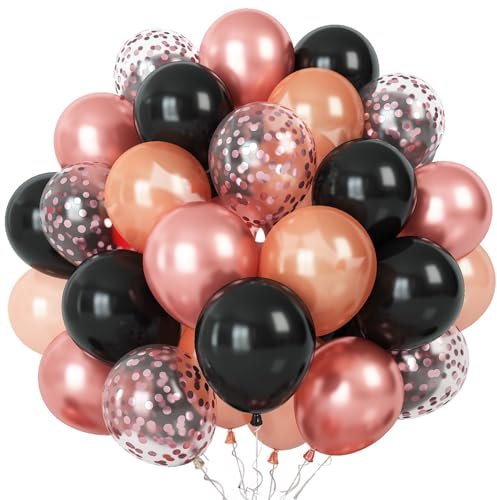 Roségold Schwarz Luftballons, 60 Stück Schwarz Metallic Rosegold Latex Luftballons mit Konfetti Ballons, Schwarz Roségold Geburtstagsdeko für Mädchen Frauen Hochzeit Verlobung Babyparty Dekoration